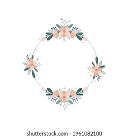 Daisy flower dotted frame vector illustration. Decorative elegant floral bloom symmetrical cadre clip art isolated on white. Celestial bloomy starry modern wreath graphics 