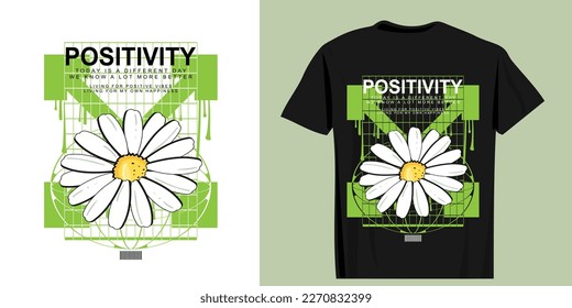 Daisy flower drawing. Retro style shapes. Positivity text. Vector illustration design for fashion graphics, t shirt prints.