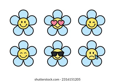 daisy flower emoji set, groovy cartoon characters, sticker pack in trendy retro style, hippie vector design elements