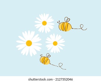 Daisy flower field and bee cartoons blue background vector illustration 