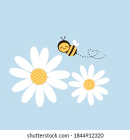 Daisy flower and flying bee icon sign on white background vector illustration. Cute cartoon character.