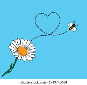 Daisy Flower and Flying Cute Bee, Vector Design