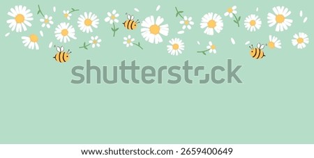 Daisy flower, flying petals and bee cartoons on green background vector.