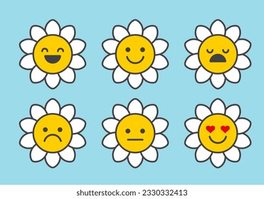 Flor de margarita con caras sonrientes graciosas. Carácter de camomila de corte. Bloom chamomile feliz emoción vector conjunto de iconos 