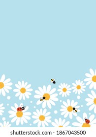 Daisy flower garden with flying bee cartoon and lady bug cartoon on blue background vector illustration.