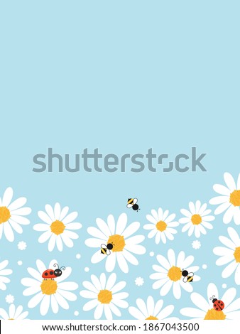 Daisy flower garden with flying bee cartoon and lady bug cartoon on blue background vector illustration.