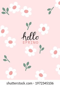 Daisy flower garden with green leaves and hand written font on pink background vector illustration.