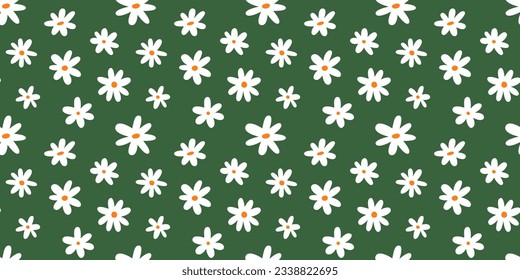 Daisy flower garden seamless pattern illustration. Vintage retro style hippie floral background print. Spring nature wallpaper backdrop texture with blossom flowers.