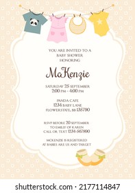 Daisy Flower Gender Neutral Baby Shower Invitation With Baby Clothes And Baby Shoes
