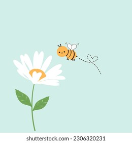 Daisy flower with green leaves and bee cartoon on green background vector illustration.