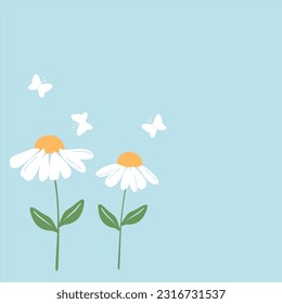 Daisy flower with green leaves and butterfly cartoon on blue background vector illustration