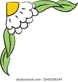 Een madeliefje bloem met groene bladeren vormt een hoek in een handgetekende stijl. De schetsmatige contouren creëren een speelse en artistieke uitstraling. Illustratie van cartoon-vector.
