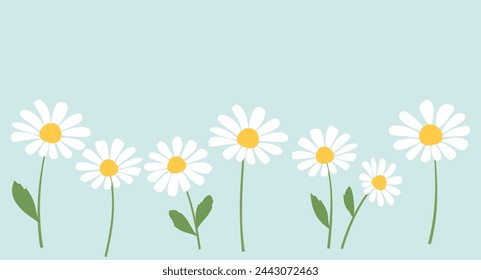 Daisy flower with green leaves icon sign on green mint background. Cute floral wall art vector.