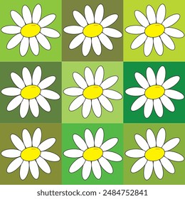 Daisy Flower Grid on Green Backgrounds. A 3x3 grid showcasing daisy flowers against varying shades of green backgrounds