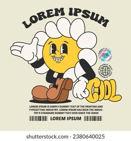 daisy flower groovy character 90s design illustration with slogan, retro cartoon character