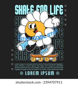 daisy flower groovy character 90s design illustration with slogan, retro cartoon character, flower cartoon