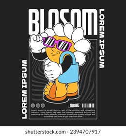 daisy flower groovy character 90s design illustration with slogan, retro cartoon character, flower cartoon