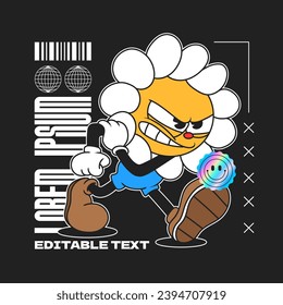 daisy flower groovy character 90s design illustration with slogan, retro cartoon character, flower cartoon