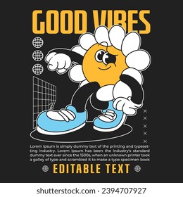 daisy flower groovy character 90s design illustration with slogan, retro cartoon character, flower cartoon
