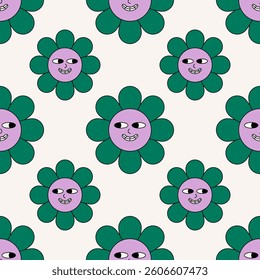 Daisy flower groovy pattern. Seamless floral Y2K print with cute funky flower child character, cartoon retro hippie smiling chamomile background. Vector groovy texture.