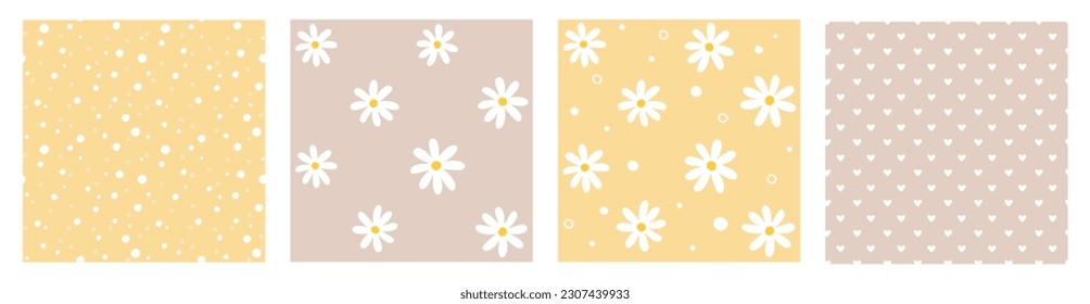 Daisy flower head seamless patterns. Set of vector decorative summer floral backgrounds