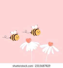 Daisy flower with heart shape pollen and bee cartoons on pink background vector illustration. Cute childish print.