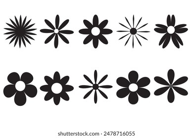 Daisy flower, Flower icon. Flowers images vector illustration, Black color flower shape icon collection. Stock vector  Trend elements design,  plants sketch, flowers and cereals. Vector illustration.