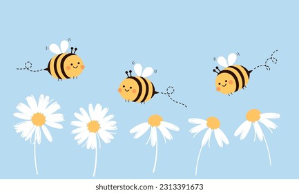 Daisy flower icon set and bee cartoons on blue background vector illustration. Cute childish print.