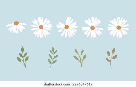 Daisy flower icon sign with green leaves on blue background vector illustration.