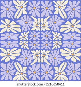 Daisy flower kaleidoscopic groovy retro seamless pattern. Y2k aesthetic vintage hypnotic background. Naive trippy hand drawn minimalistic patchwork 2000s cover textile decoration. Vector illustration.
