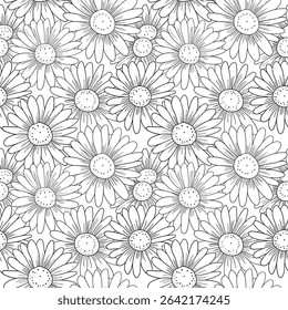Daisy Flower line art. Seamless pattern for decorating fashion designs, fabrics, wallpapers and prints on a white background.