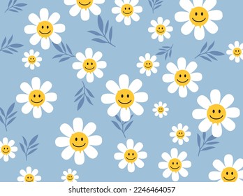 daisy flower melt smile faces  emoji design on blue background daisy pattern daisy seamless pattern spring vector