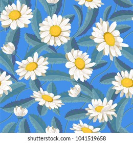 A daisy flower on a background of green leaves. Seamless pattern. Vector illustration.