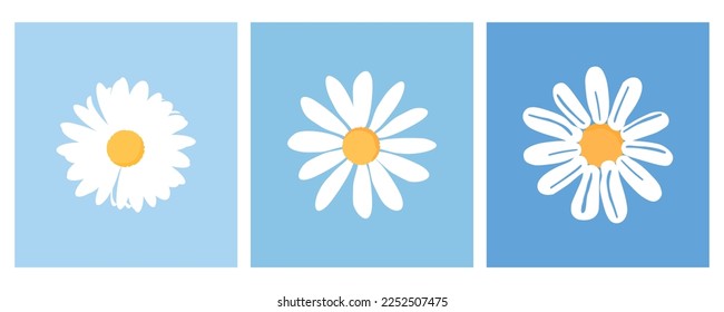 Daisy flower on blue backgrounds vector illustration. Cute art wall decoration.