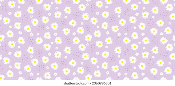 Dämliches Blumenmuster. Schöner weißer floraler Hintergrund. Blütenblüte. Weiße Frühlingsblume, Design-Vektorgrafik. Daisy ist auf violettem Hintergrund. Vektordesign für Gewebe, Wickelpapier, Druckkarte.