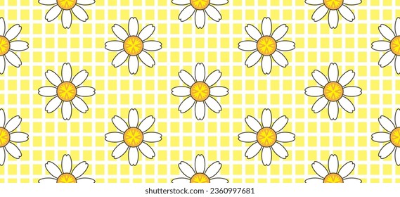 Dämliches Blumenmuster. Schöner weißer floraler Hintergrund. Blütenblüte. Weiße Frühlingsblume, Design-Vektorgrafik. Daisy ist auf gelbem Hintergrund. Vektordesign für Gewebe, Wickelpapier, Druckkarte.