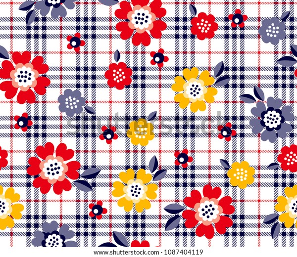 Daisy Flower Pattern On Plaid Background Stock Vector (royalty Free 