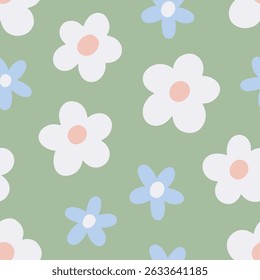 Daisy flower pattern, seamless floral print with groovy daisies in retro style. Endless repeating background design for spring and summer textile, fabric, wrapping texture. Flat vector illustration