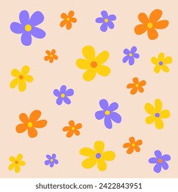 Patrón de flores de margarita. Juego de iconos de la manzanilla amarilla, naranja y azul. Colección de plantas pequeñas. Concepto creciente. Plantilla textil de papel de ajuste. Tarjeta de saludo, cartel. Fondo rosa. Vector