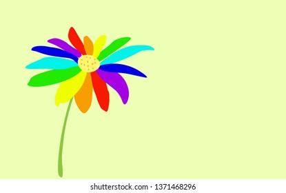 Daisy flower with petals of rainbow colors of red orange yellow green light blue blue violet flowers gently light blue background. 