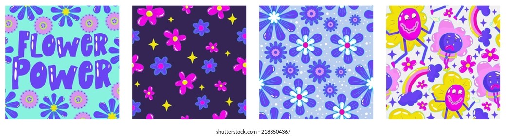 Daisy flower power poster set for print design. Abstract trippy psychedelic pattern. Flower power. Funny vector illustration. Retro 1990 poster for tshirt design.