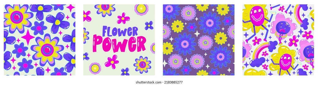 Daisy flower power poster set for print design. Abstract trippy psychedelic pattern. Flower power. Funny vector illustration. Retro 1990 poster for tshirt design.