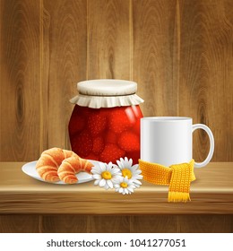 Daisy flower realistic composition with jar of jam mug of tea and with scattering of flowers vector illustration