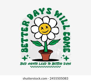 daisy flower retro groovy cartoon character illustration for t shirt, street wear, urban style and screen printing.