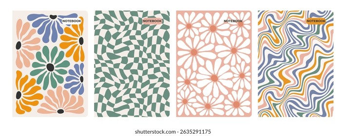 Daisy Flower Retro Pattern. Groovy Abstract Floral Prints. Vector Backgrounds with Summer Aesthetic. Psychedelic Prints for Posters, Wallpapers and Notebook Covers