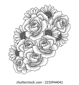 daisy flower and rose flower adult coloring book page design of vector clip art and beautiful flowers line drawing roses with daisy black line drawing. Blooming petal flower of doodle art