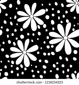 Daisy flower and scattered spots Seamless pattern. Exotic fashion trend and textile design. Repeated vector illustration.