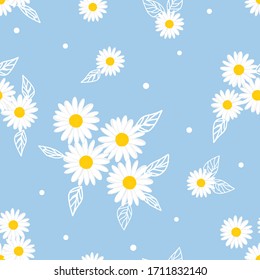 Daisy flower seamless and leaves on blue background vector illustration. Cute floral pattern for print.