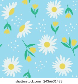 Daisy flower seamless on blue background illustration. Pretty floral pattern for print.