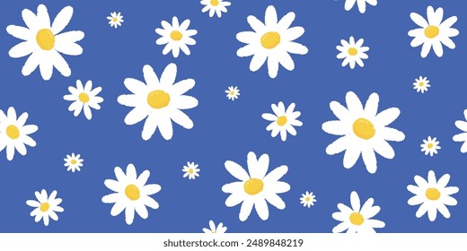 Daisy flower seamless on blue background illustration. Pretty floral pattern for print. Chamomile design great for fashion fabric, trend textile and wallpaper. Flat design vector.